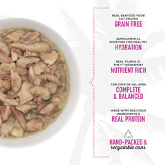 Tiki Cat Luau Shredded Meat, Tilapia Recipe in Tilapia Consumme, Grain-Free Balanced Nutrition Wet Canned Cat Food, For All Life Stages