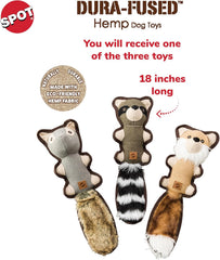 SPOT Dura-Fused Hemp Friends - Dog Toy Made with Hemp Material, Fused with Tricot for Durablity, with Furry Plush Tail and Squeaker, Great for Light to Moderate Chewers - 18" Assorted Styles, 1 Piece