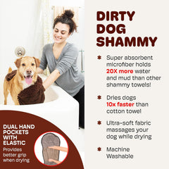 Dog Gone Smart The Dirty Dog Shammy - Fast Drying Plush Shammy Towel with Dual Hand Pockets and Elastic - Super Absorbent Microfiber and Machine Washable - Brown