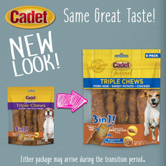 Cadet Gourmet Triple Chews Long-Lasting Pork Hide Sticks with Sweet Potato and Chicken, Healthy Dog Treats for Small & Large Dogs