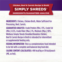 Wellness Bowl Boosters Simply Shreds Natural Grain Free Wet Dog Food Mixer or Topper, Chicken, Beef & Carrots, 2.8-Ounce Pouch (Pack of 12)