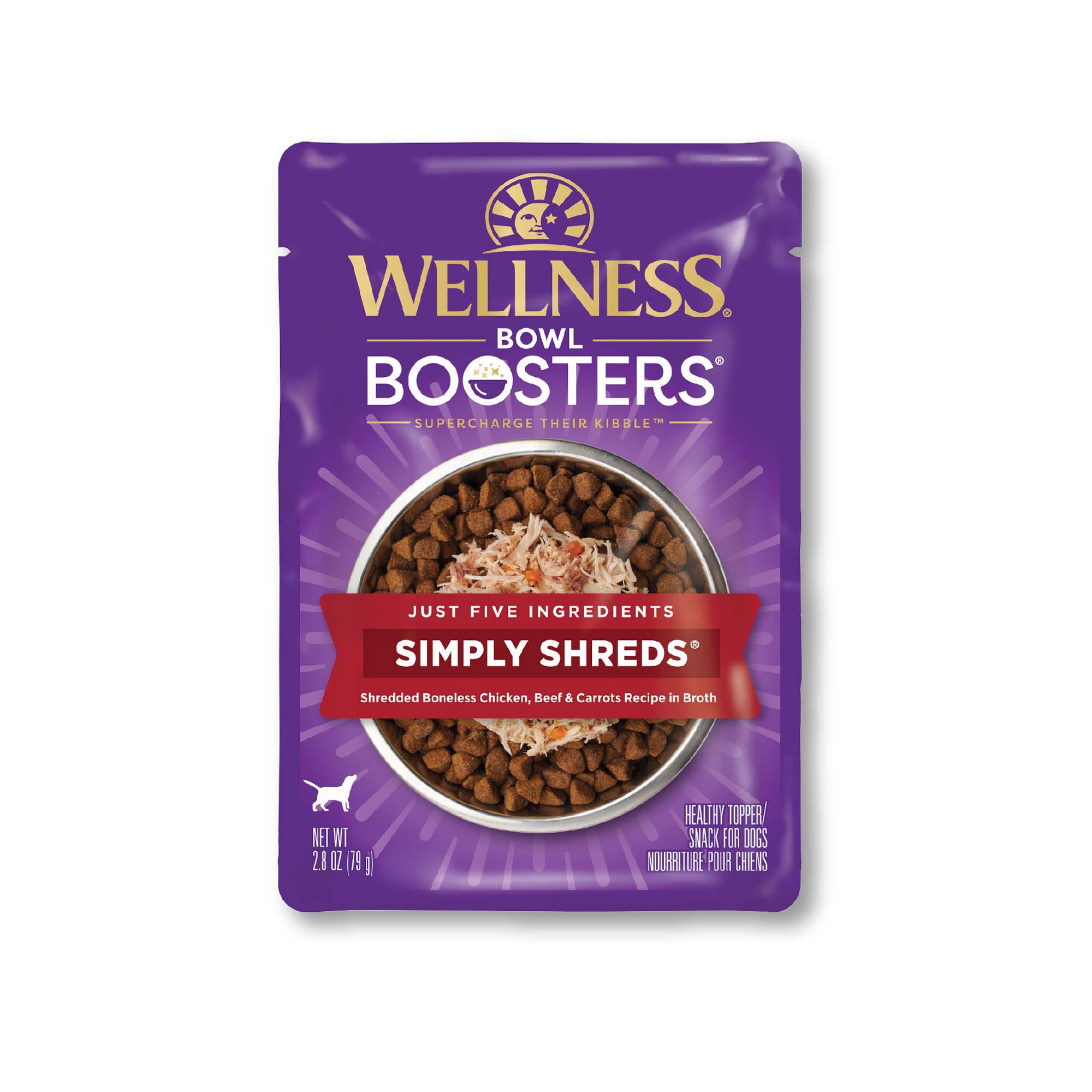 Wellness Bowl Boosters Simply Shreds Natural Grain Free Wet Dog Food Mixer or Topper, Chicken, Beef & Carrots, 2.8-Ounce Pouch(Pack of 12)