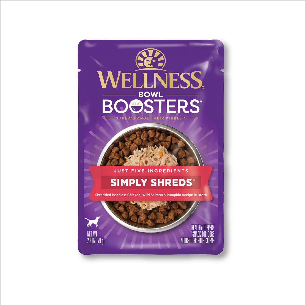 Wellness Bowl Boosters Simply Shreds Natural Grain Free Wet Dog Food Mixer or Topper, Wild Salmon & Pumpkin , 2.8-Ounce Pouch (Pack of 12)