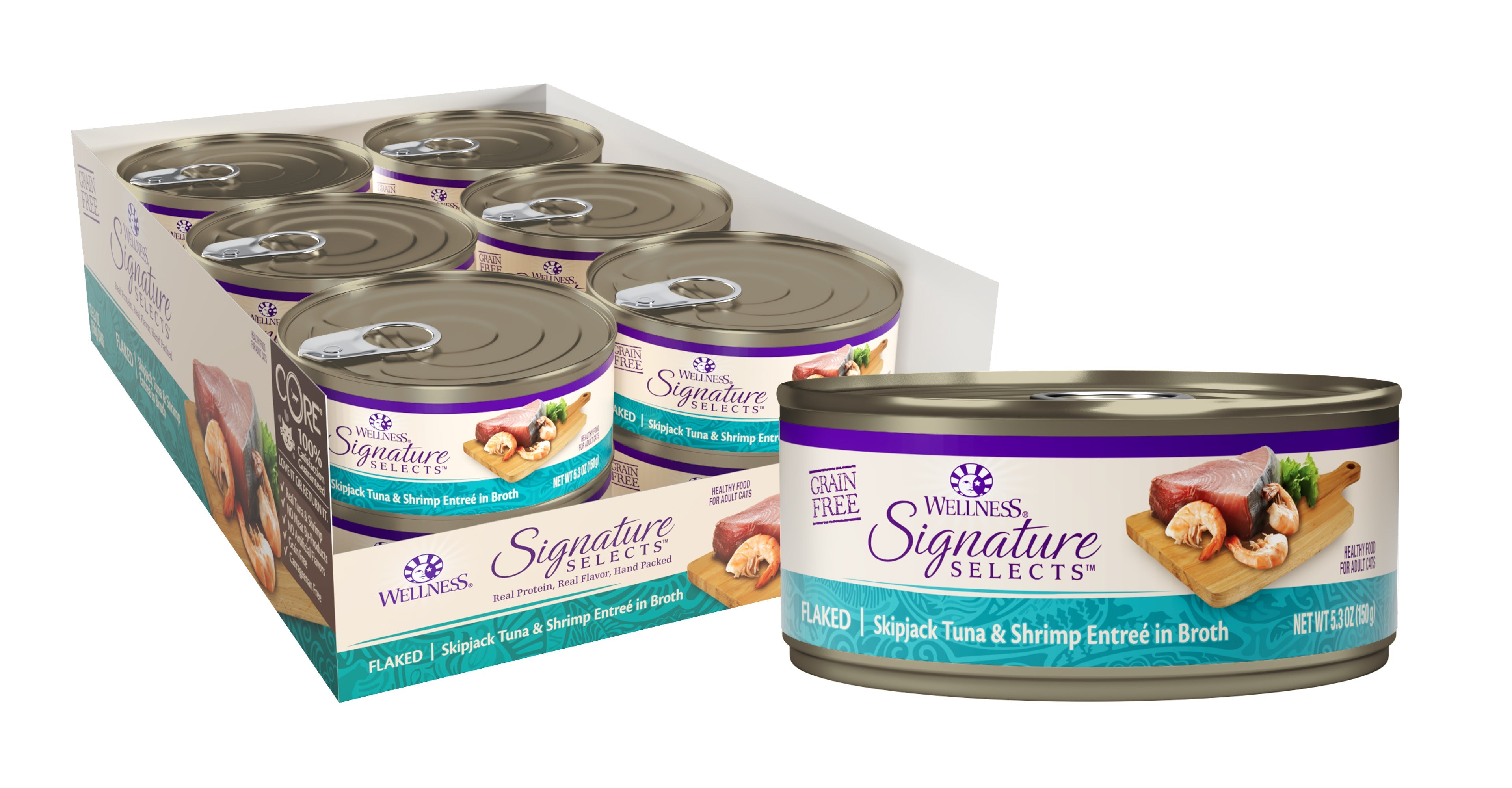 Wellness CORE Signature Selects Grain Free Canned Cat Food, Flaked Skipjack Tuna & Shrimp in Broth, 5.3 Ounces (Pack of 12)