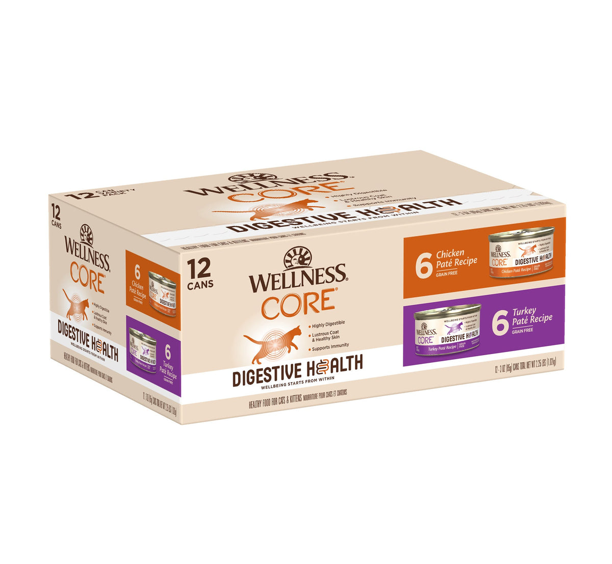 Wellness CORE Digestive Health Chicken & Turkey Pate Variety Pack Wet Cat Food, 3 Ounce Can (Pack of 12)