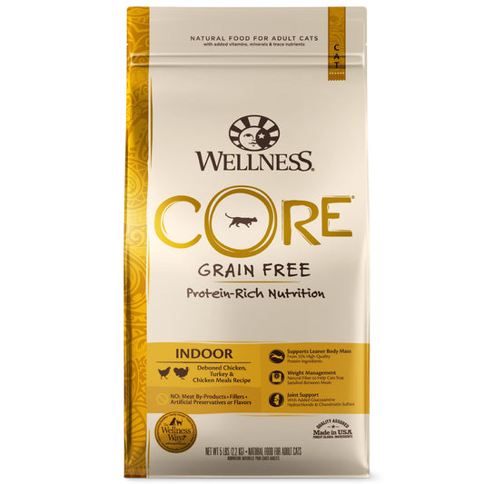 Wellness CORE Grain-Free Chicken, Turkey & Chicken Meal Indoor Formula Dry Cat Food, 5 Pound Bag