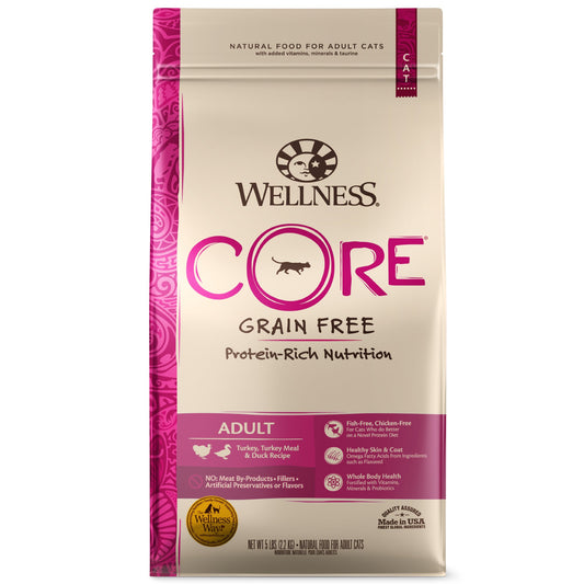 Wellness CORE Grain-Free Turkey, Turkey Meal & Duck Formula Dry Cat Food, 5 Pound Bag