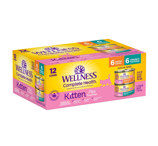 Wellness Complete Health Kitten Canned Wet Cat Food, Variety Pack (Whitefish & Tuna and Chicken), 3 oz Cans, Pack of 12