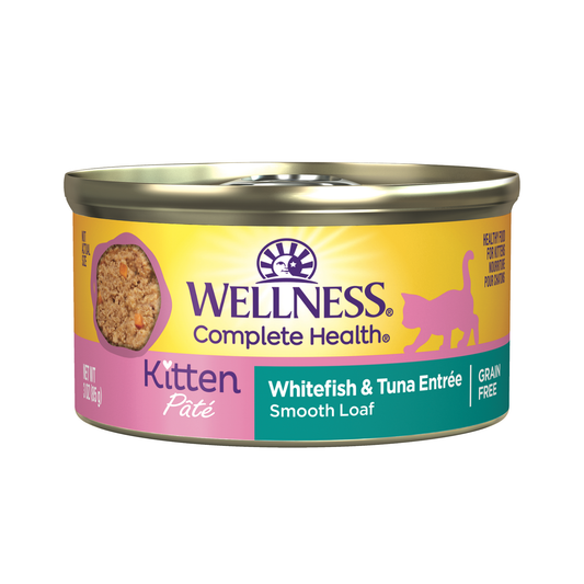 Wellness Complete Health Kitten Canned Wet Cat Food Whitefish & Tuna Entrée, 3 oz Can, Pack of 24