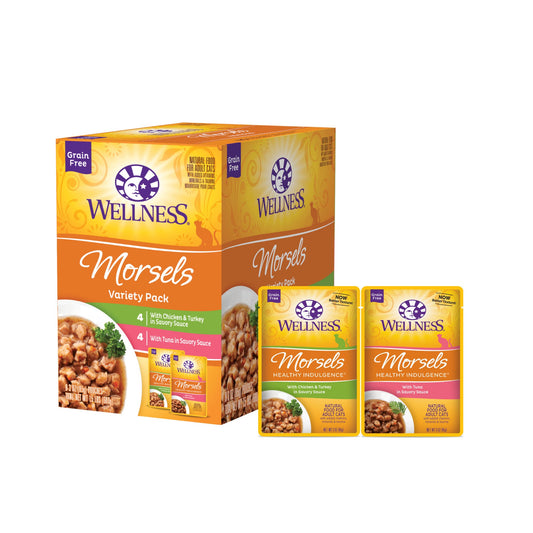 Wellness Healthy Indulgence Natural Grain Free Wet Cat Food Morsels Variety Pack, 3-Ounch Pouch (Pack of 8)