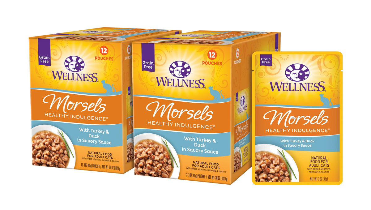 Wellness Healthy Indulgence Natural Grain Free Wet Cat Food, Morsels Turkey & Duck, 3-Ounce Pouch (Pack of 24)