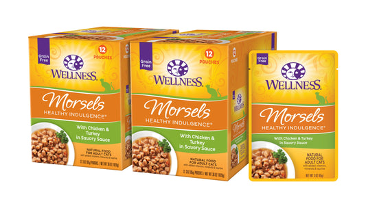 Wellness Healthy Indulgence Natural Grain Free Wet Cat Food, Morsels Chicken & Turkey, 3-Ounce Pouch (Pack of 24)