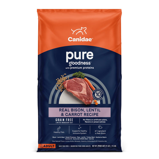 Canidae Pure Limited Ingredient Premium Adult Dry Dog Food, Real Bison, Lentil & Carrot Recipe, 21 lbs, Grain Free