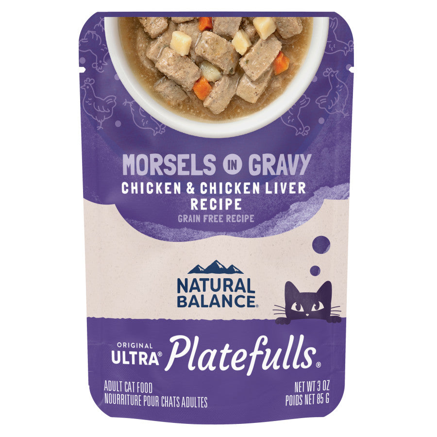 Natural Balance Pet Foods Original Ultra Platefulls Morsels in Gravy Wet Cat Food Pouch Chicken & Chicken Liver, 24ea/3 oz