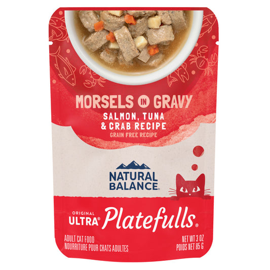 Natural Balance Original Ultra Platefulls Adult Grain-Free Wet Cat Food, Salmon, Tuna & Crab Recipe in Gravy, 3 Ounce Pouch (Pack of 24)