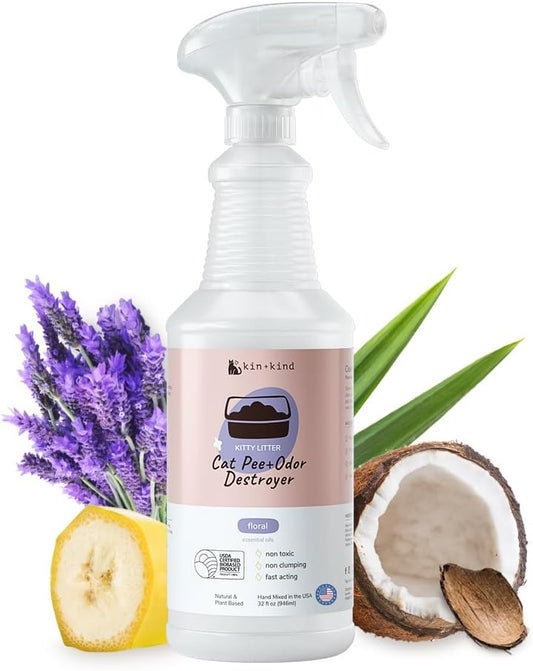 kin+kind Pet Odor Eliminator for Home - Litter Deodorizer, Pet Urine Odor Eliminator Spray and Stain Remover Spray for Harwood Floods, Carpet and Fabric - Pee, Odor and Stain Destroyer