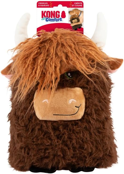 KONG Comfort Jumbo Highland Cow - Assorted Colors, 3 Squeakers and Crinkle Material - Indoor Dog Toy