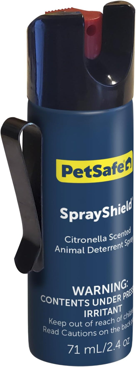 PetSafe SprayShield Animal Deterrent Spray (2.4 Oz / 71 ML) Dog Spray Self Defense Compact Design for Portability, Belt Clip for Easy Carry, Releases Surprising Burst, Citronella