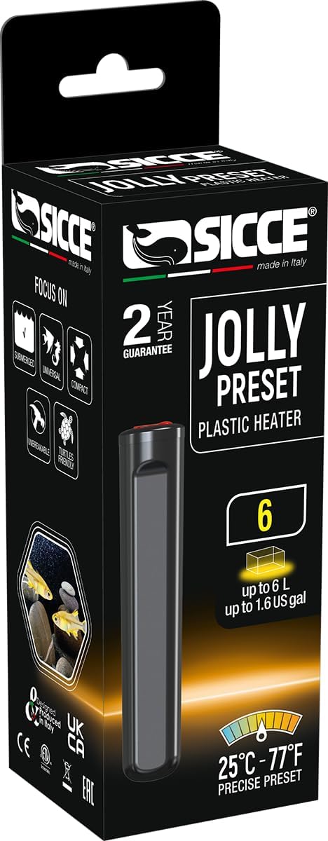 Sicce 6W Jolly Preset Small Submersible Aquarium Heater, Constant Temperature, Betta Fish Tank Heater Set to 77℉ for 1-2 Gallons Freshwater & Saltwater Tanks