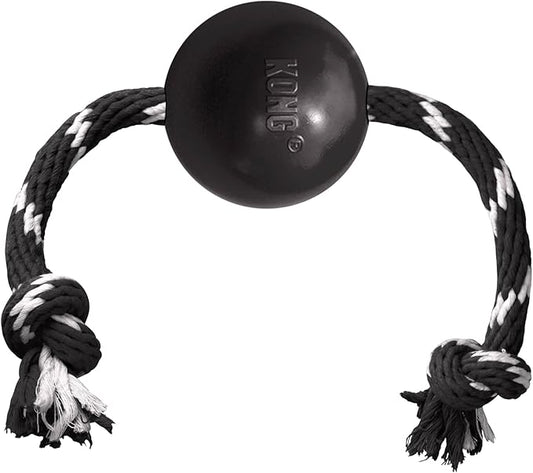 KONG Extreme Ball with Rope - Dog Fetch Toy with Rope for Easy Throwing - Durable Dog Ball Toy for Tug, Playtime & More s Most Durable Natural Rubber - Black