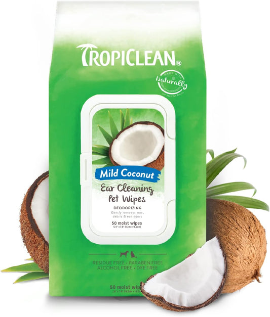 TropiClean Dog Ear Wipes, Dog Ear Cleaner, Soothing Itch Relief, Gently Removes Wax and Debris, Odor Eliminating, Safe for Daily Use, Cat Safe 50 ct