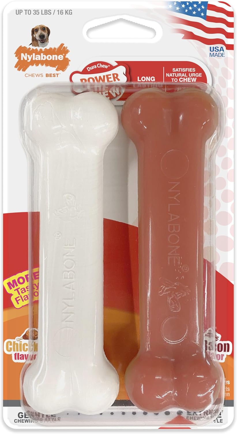 Nylabone Original Bone Power Chew Toy for Dogs, Durable Dog Toys for Aggressive Chewers, Basted Blast Bacon & Chicken Flavor, Medium