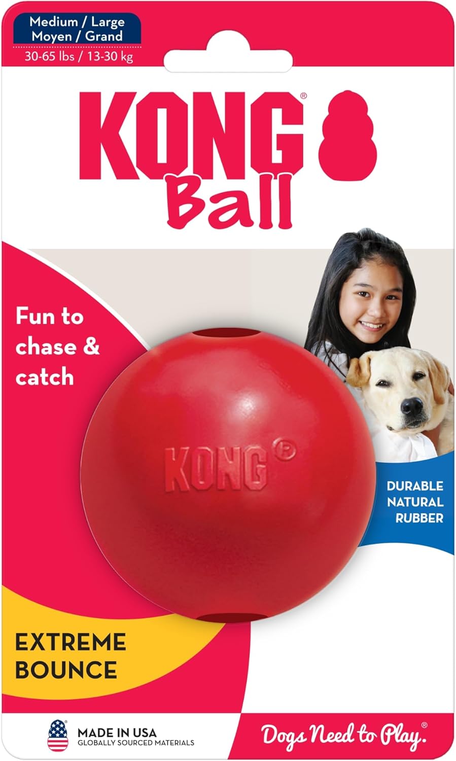 KONG Ball with Hole - Durable Dog Fetch Toy for Training, Interactive Playtime & More - Classic KONG Natural Rubber Ball - Red