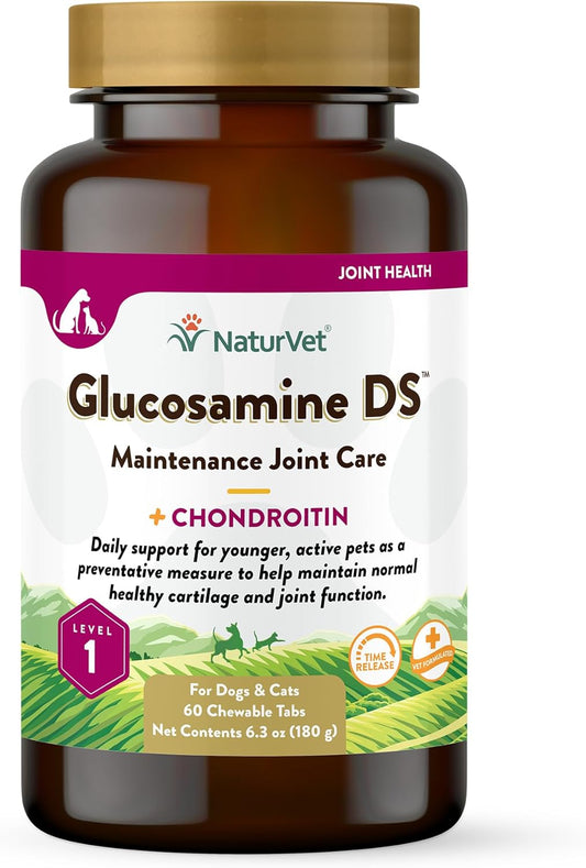 NaturVet Glucosamine DS Level 1 Maintenance Care Hip & Joint Support Pet Supplement for Dogs & Cats –Glucosamine, Chondroitin, Antioxidants –Supports Cartilage, Joint Function – 60 Ct.