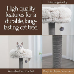 PetPals® Cullen Mid-Century 4-Level Cat Tower with Laminated Wood Frame, Recycled Paper Rope Scratching Posts, Sisal Mat, Soothing Massager, Sustainable Cat Furniture(Taupe)