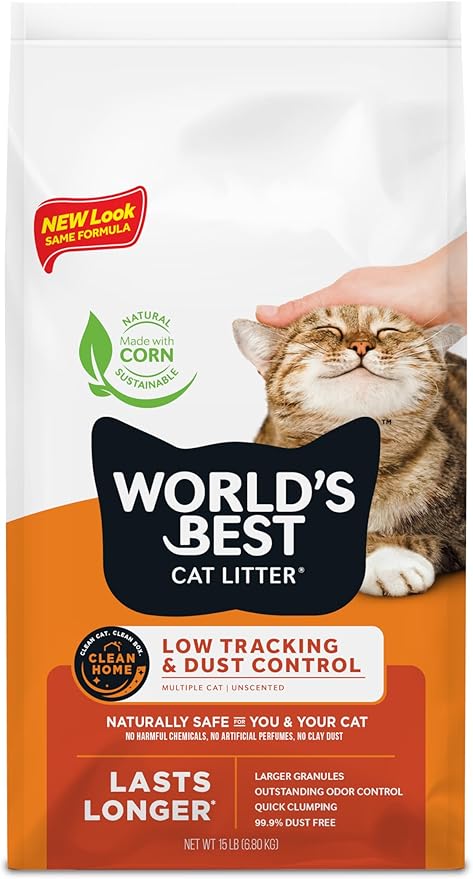 WORLD'S BEST CAT LITTER Low Tracking & Dust Control Multiple Cat Unscented 15-Pounds - Natural Ingredients, Quick Clumping, Flushable & Made in USA - Long-Lasting Odor Control & Easy Scooping