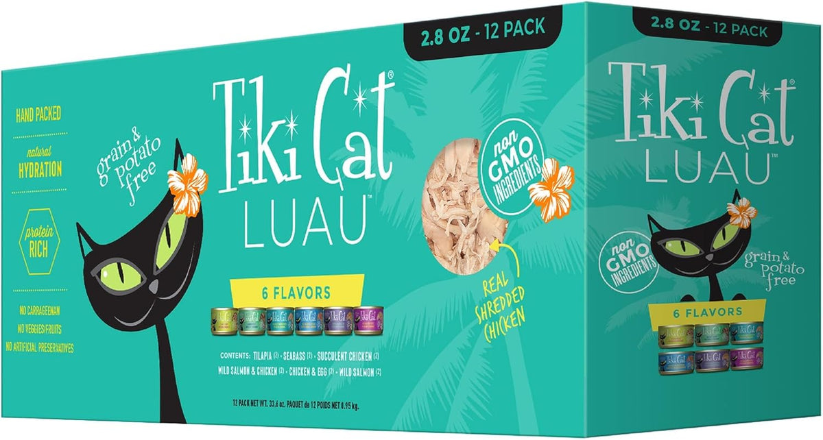 Tiki Cat Luau Grain-Free, Low-Carbohydrate Wet Food with Poultry or Fish in Consomme for Adult Cats & Kittens, 2.8oz, 12pk, Variety