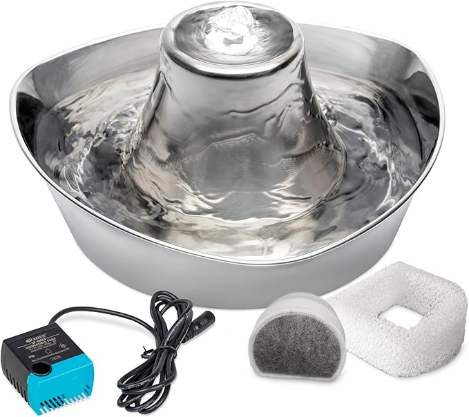 PetSafe Seaside Pet Water Fountain (60 oz/1.8L Water Capacity) Stainless Steel Cat Water Fountain, Helps Prevent Pet Acne, Scratch and Rust-Resistant Material