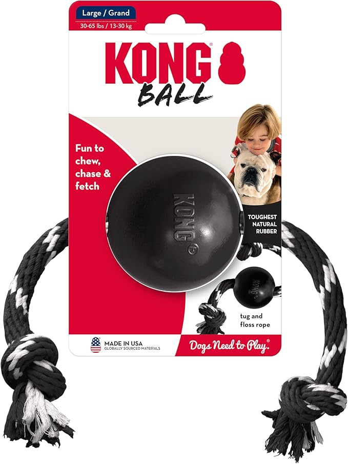 KONG Extreme Ball with Rope - Dog Fetch Toy with Rope for Easy Throwing - Durable Dog Ball Toy for Tug, Playtime & More s Most Durable Natural Rubber - Black