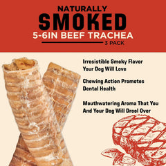 Barkworthies USA Hickory Smoked Beef Trachea - 6 Inch 3 Count (Pack of 1) - Natural Glucosamine and Chondroitin, High Protein, Smoky Aroma