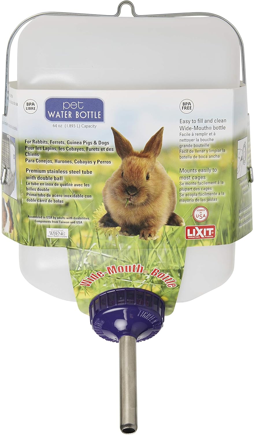 Lixit Widemouth Cage Water Bottles for Rabbits, Ferrets, Guinea Pigs, Rats and Other Small Animals. (White, 64 Ounce)
