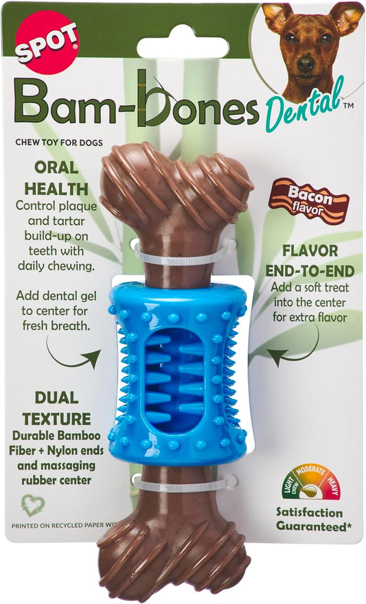 SPOT Bam-Bones Plus Dental Chew Bone - Bamboo Fiber & Nylon with a Massaging Rubber Center, Durable Long Lasting Oral Care Dog Chew for Aggressive Chewers & Teething Puppies, 6.5in, Bacon Flavor