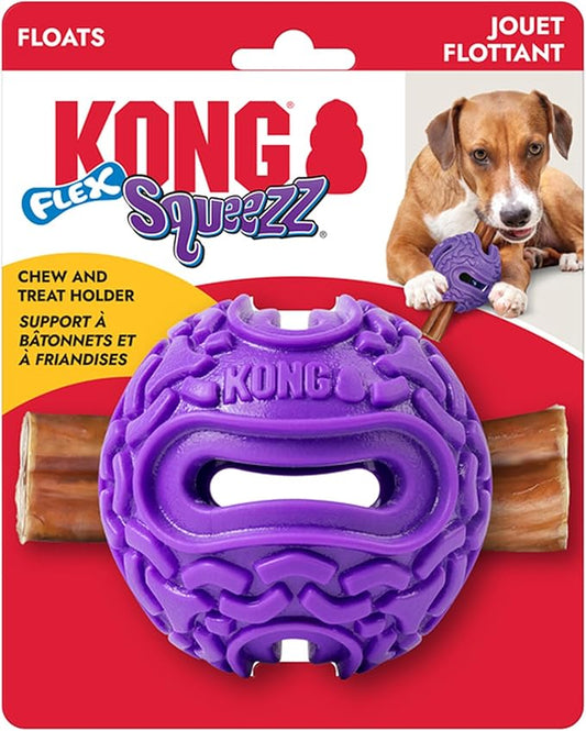 KONG Squeezz Flex Ball – Flexible Treat & Chew Holder for Dogs – Interactive Dog Toy for Fetch, Floating, & Travel – Holds Treats, Chews, & Bully Sticks