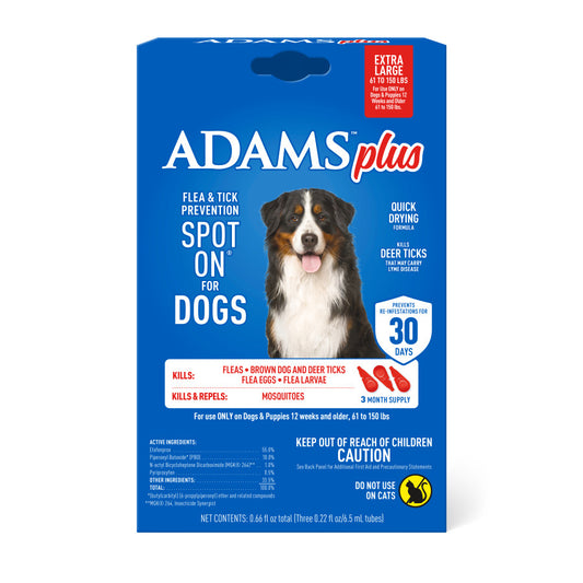 Adams Plus Flea & Tick Prevention Spot On for Dogs 3 Month Supply, Clear, 1ea/XL Dogs 61 To 150 lb