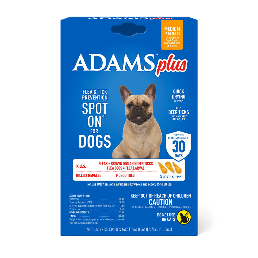 Adams Plus Flea & Tick Prevention Spot On for Dogs 3 Month Supply, Clear, 1ea/Medium Dogs 15 To 30 lb