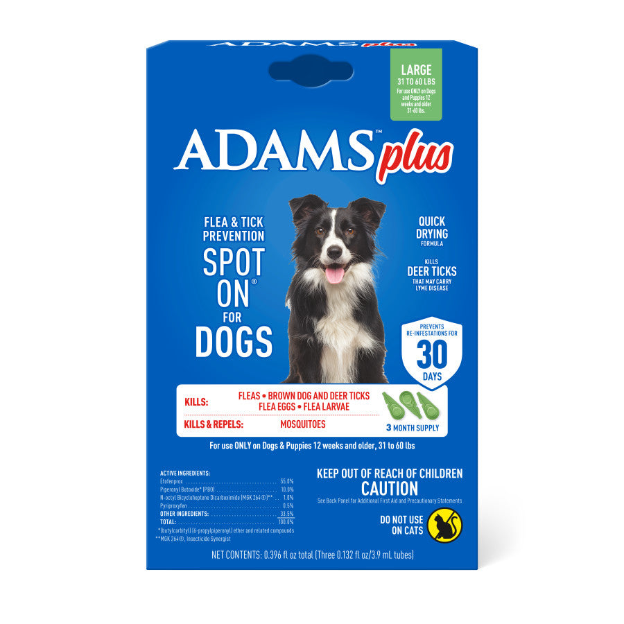 Adams Plus Flea & Tick Prevention Spot On for Dogs 3 Month Supply, Clear, 1ea/Large Dogs 31 To 60 lb