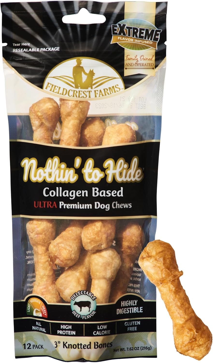 Fieldcrest Farms Nothin' to Hide 3 inch Ultra Knotted Bone Treats - Natural Rawhide Alternative Treats for Dogs, Collagen Based Snack for Heavy Chewers up to 15lbs