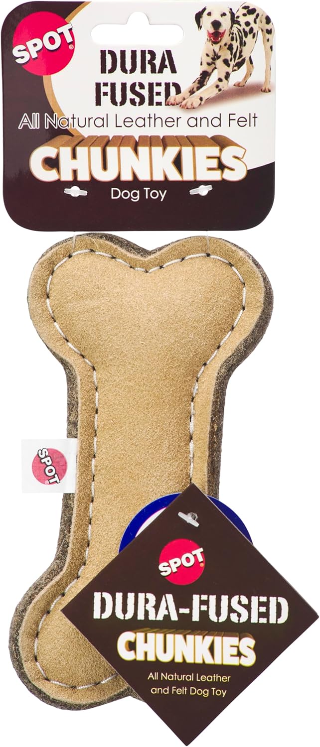 SPOT Dura-Fused Chunkies- Bone - All Natural Leather and Felt Dog Toy- Durable, Long Lasting, Extra Thick Dog Chew Toy for Aggressive Chewers, Great for Adult Dogs and Teething Puppies, 6in