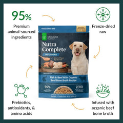 ULTIMATE PET NUTRITION Nutra Complete Bone Broth Infusions, 100% Freeze Dried Veterinarian Formulated Raw Dog Food with Antioxidants Prebiotics and Amino Acids (1 Pound, Bone Broth Fish)