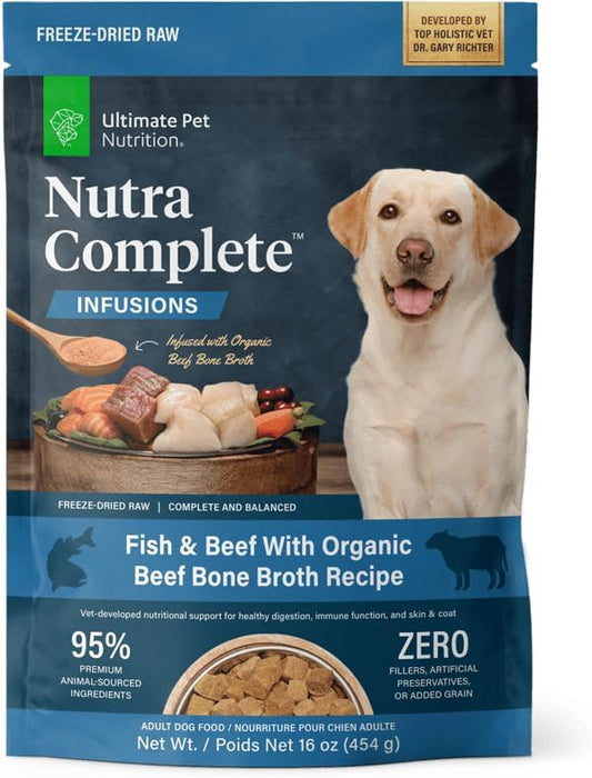 ULTIMATE PET NUTRITION Nutra Complete Bone Broth Infusions, 100% Freeze Dried Veterinarian Formulated Raw Dog Food with Antioxidants Prebiotics and Amino Acids (1 Pound, Bone Broth Fish)