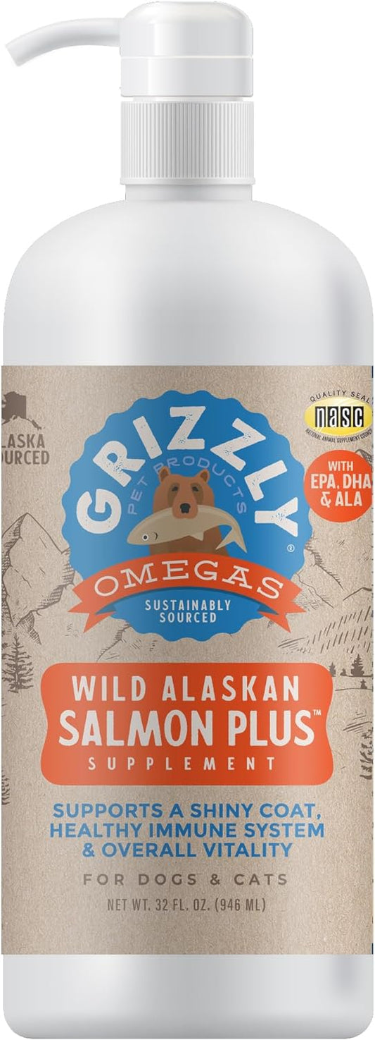 Grizzly Wild Alaskan Salmon Oil Dog Food Supplement Omega 3 Fatty Acids, 32 oz