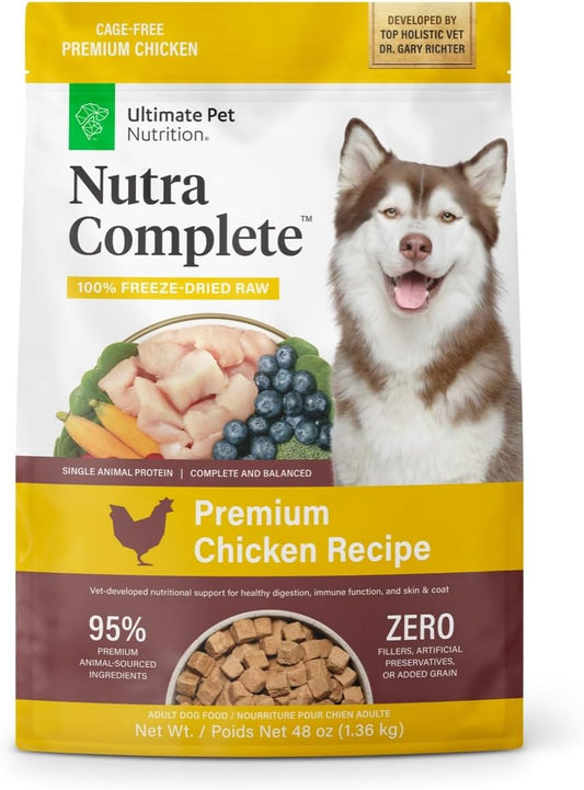 ULTIMATE PET NUTRITION Nutra Complete Raw Freeze Dried Dog Food, Veterinarian Formulated with Antioxidants, Prebiotics & Amino Acids (3 Pound, Chicken)