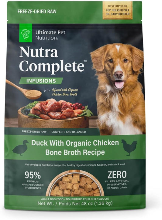 ULTIMATE PET NUTRITION Nutra Complete Bone Broth Infusions, 100% Freeze Dried Veterinarian Formulated Raw Dog Food with Antioxidants Prebiotics and Amino Acids (3 Pound, Bone Broth Duck)