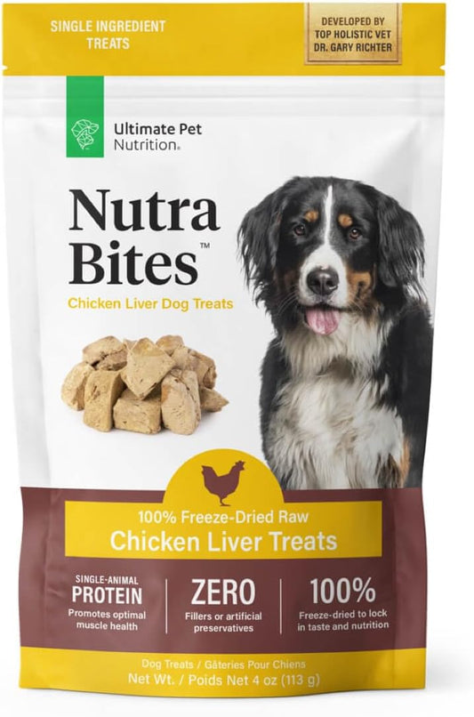 ULTIMATE PET NUTRITION Nutra Bites Freeze Dried Raw Single Ingredient Training Treats Food Topper for Dogs, 4 Ounces, Chicken Liver