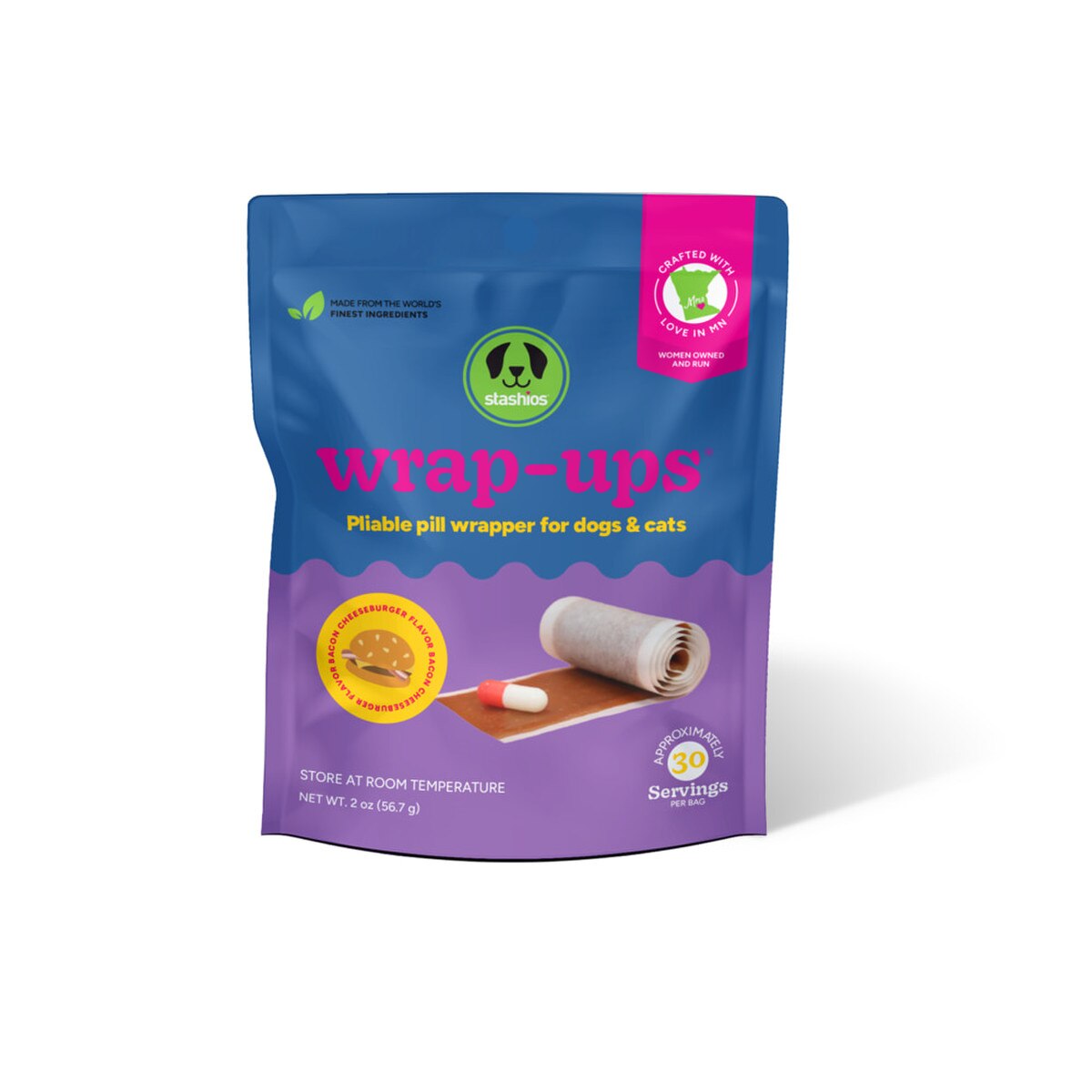 Stashios: Wrap-Ups: Pill Wrapper - Bacon Cheeseburger - 30 Servings Bag, Dogs & Cats, Treat Hides Any Size Pills, All Natural Limited Ingredients, USA