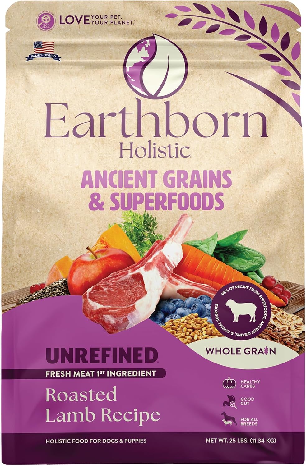 Earthborn Holistic Unrefined Roasted Lamb Recipe with Ancient Grains & Superfoods Dry Food for Dogs & Puppies